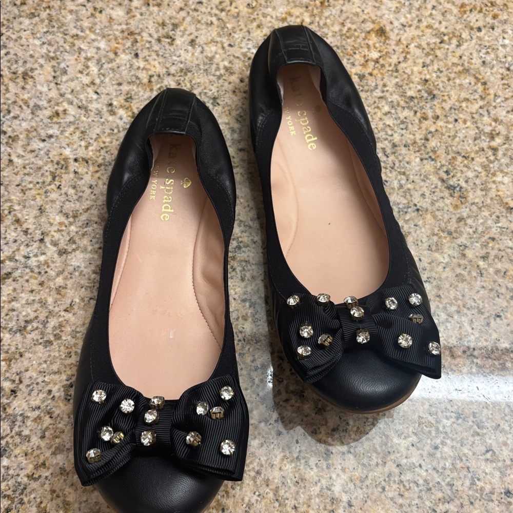 *KATE SPADE* Black Leather Rhinestone Bow Ballet Flats